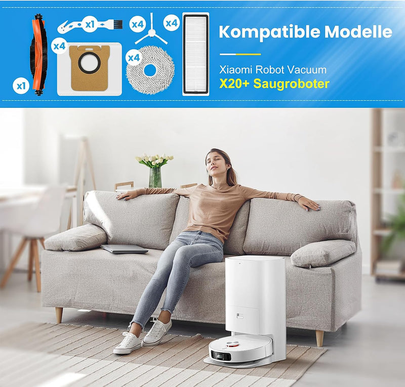 18 Stück Zubehör für Xiaomi Robot Vacuum X20+ Saugroboter, 1 Hauptbürste 4 Staubbeutel 4 Wischtücher