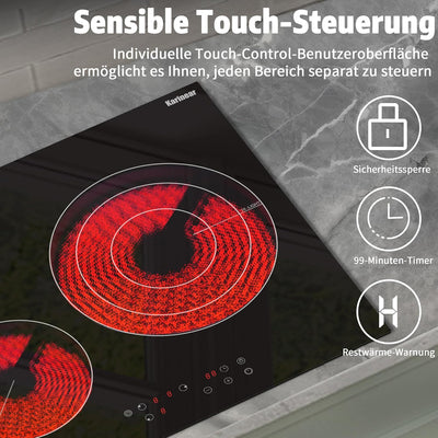 Karinear Eingebautes 60-cm-Keramikkochfeld, 3-Zonen-Elektrokochfeld mit Touch-Steuerung, Kindersiche