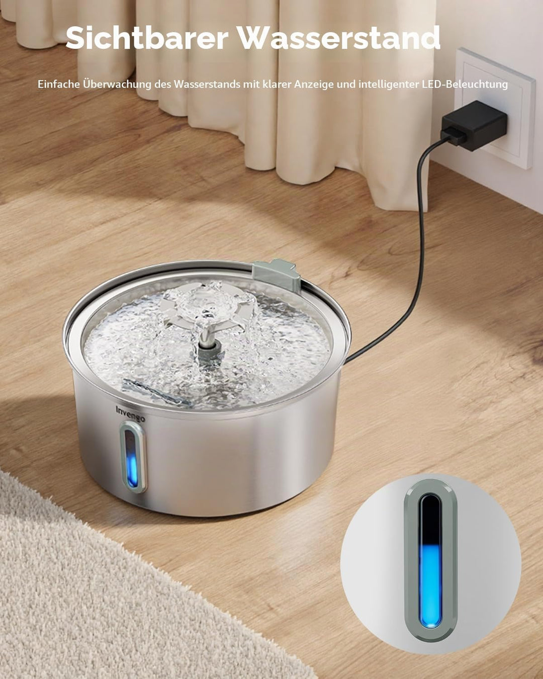 Katzenbrunnen Edelstahl, 3.2L Trinkbrunnen für Katze mit Blumenfontäne, LED-Anzeige, Wasserstandsanz