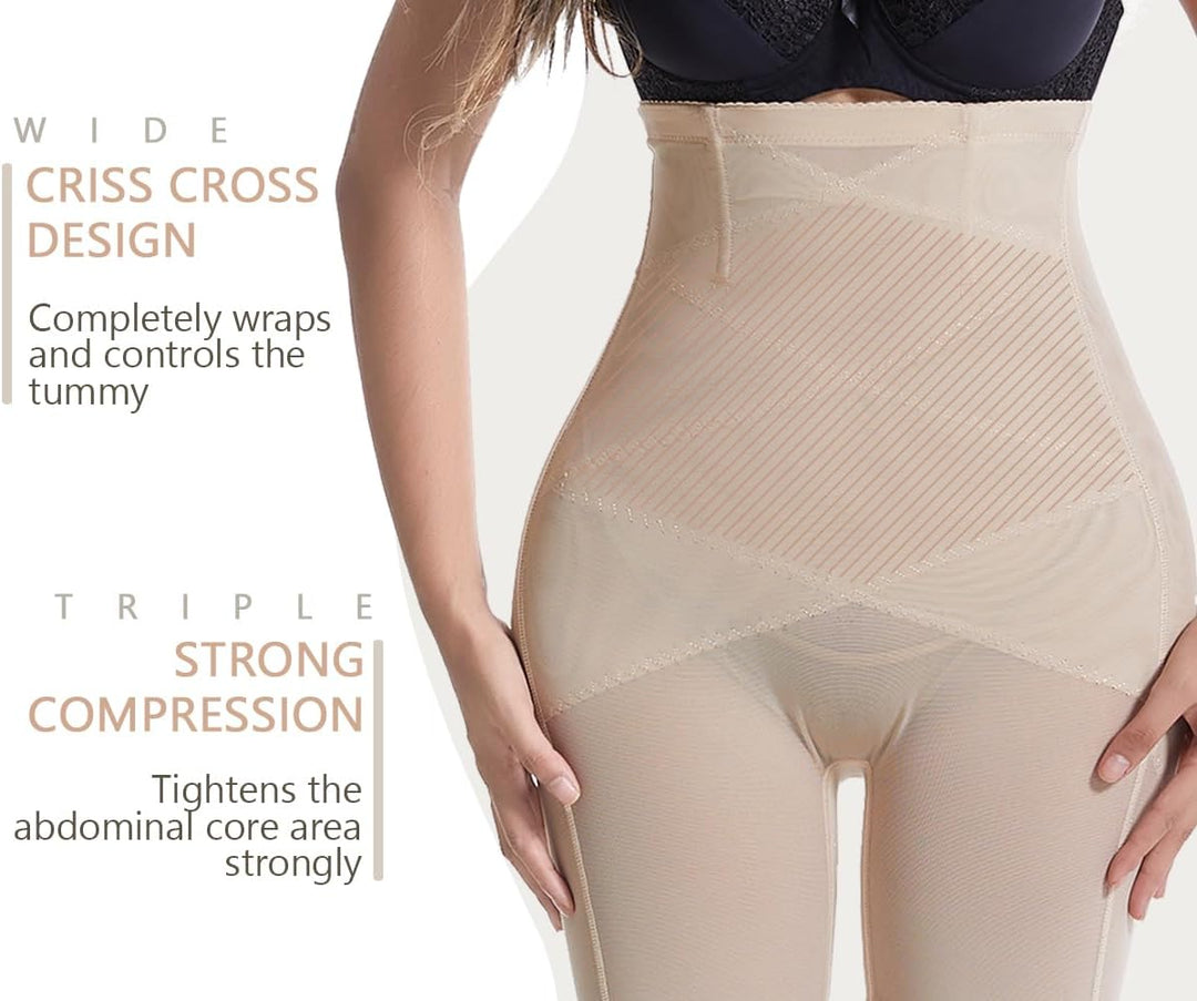 Damen Bauchweg Miederpants Shapewear Hohe Taille Unterhose mit Bein Figurformende Miederhose Stark F