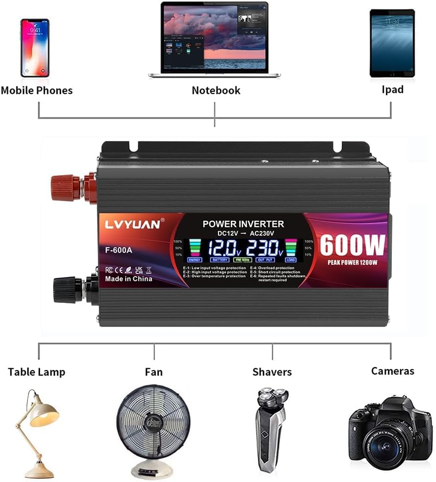 LVYUAN Wechselrichter 12V 230V 600W/ 1200W DC auf AC Spannungswandler 1 AC Steckdose & 2 USB Port St