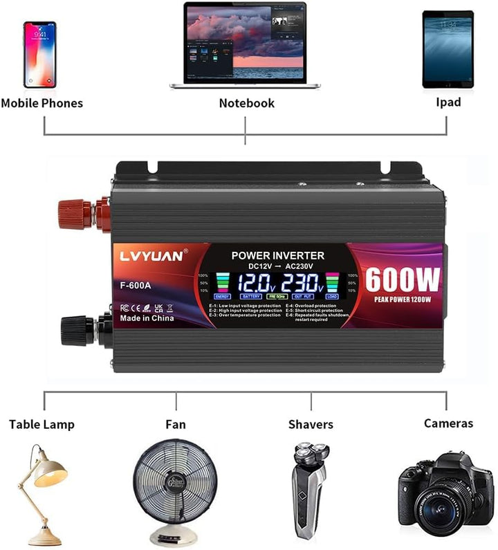 LVYUAN Wechselrichter 12V 230V 600W/ 1200W DC auf AC Spannungswandler 1 AC Steckdose & 2 USB Port St