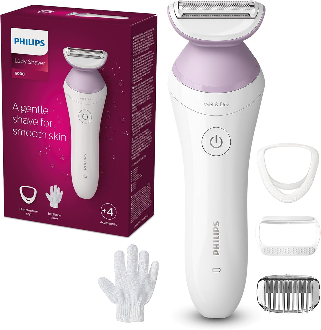 Philips Lady Shaver Series 6000 – Kabelloser Nass- und Trockenrasierer mit 4 Zubehörteilen, Körperpe
