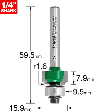 Trend Craft Rundfräser mit Schaftlager, C074AX1/4TC B/GUIDED OVOLO, 1,6 mm Rad, B/GUIDED OVOLO, 1,6