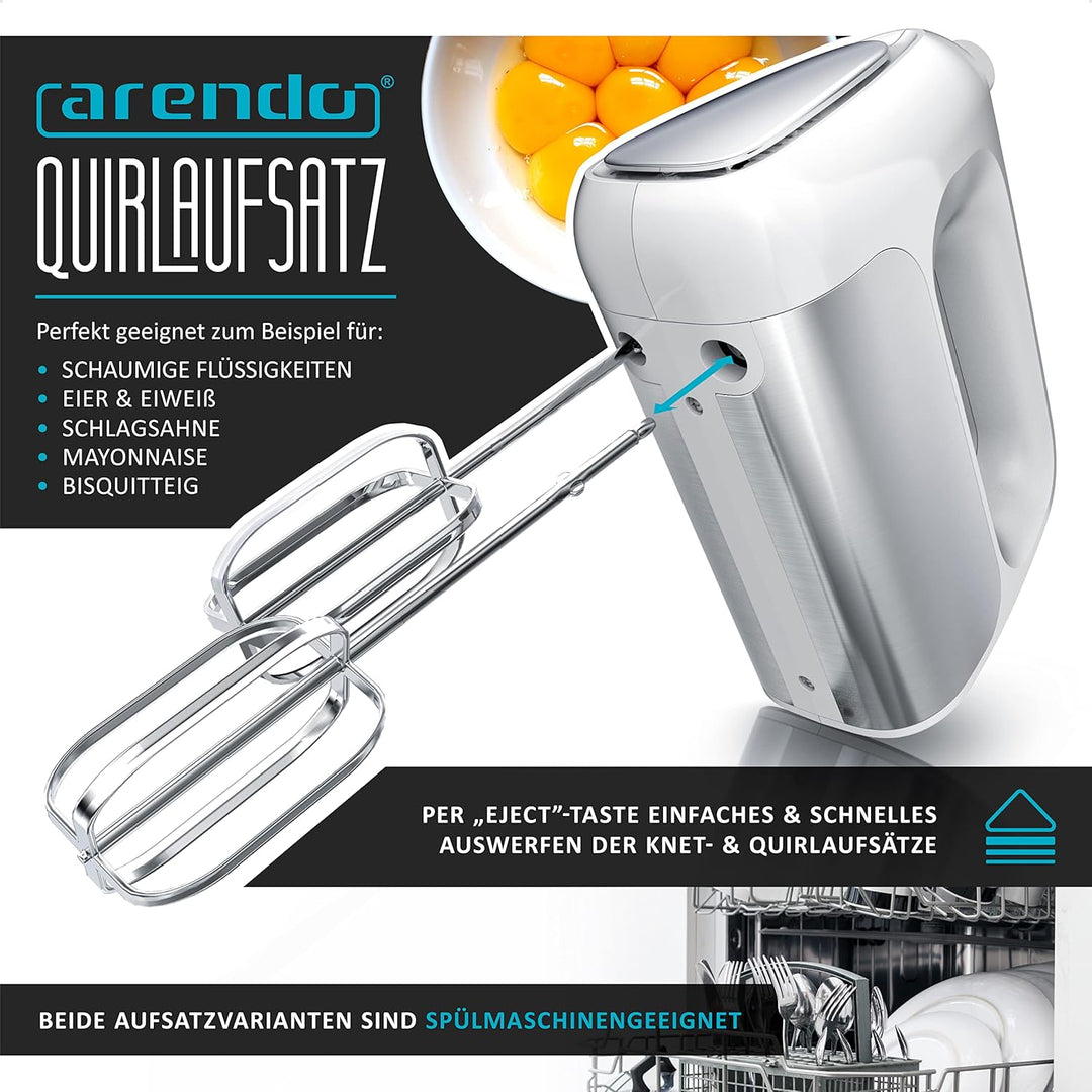 Arendo - Elektrischer Handmixer Handrührer 500 W - inkl. 2 Rührbesen und 2 Knethaken aus Edelstahl –
