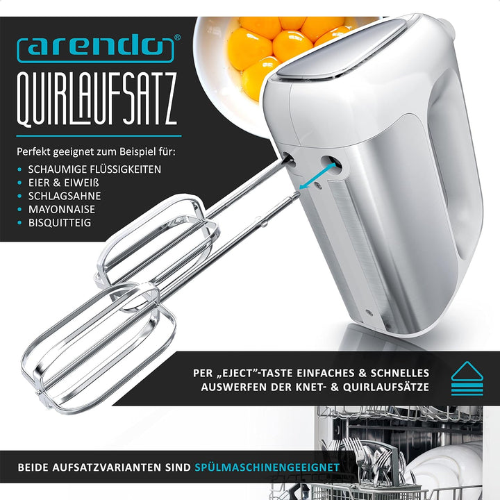 Arendo - Elektrischer Handmixer Handrührer 500 W - inkl. 2 Rührbesen und 2 Knethaken aus Edelstahl –