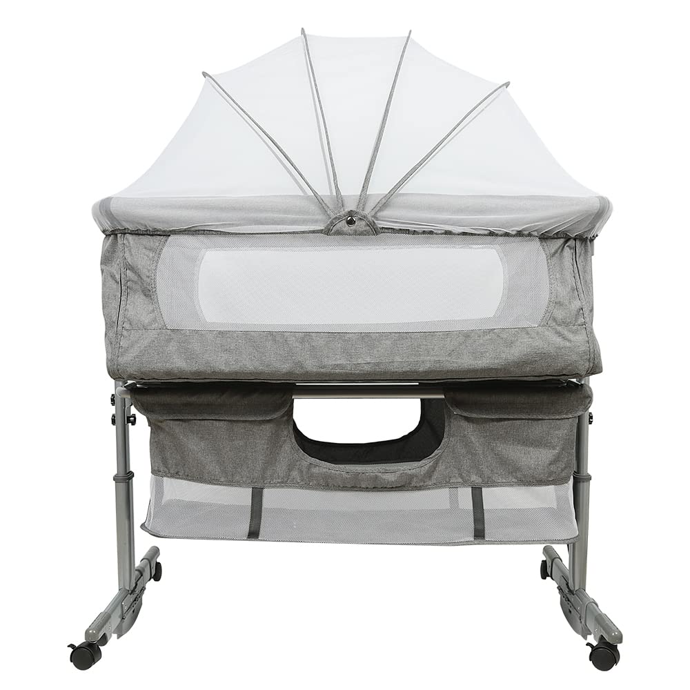 homewell 3 in 1 Babybett Beistellbett, Wiege mit Moskitonetz und Aufbewahrungskorb, Faltbares, Neigu