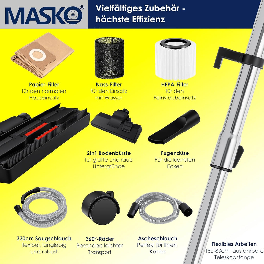 Masko® 6IN1 Industriestaubsauger Staubsauger Nass Trocken Sauger Aschesauger 2300W + Steckdose✓ Blas