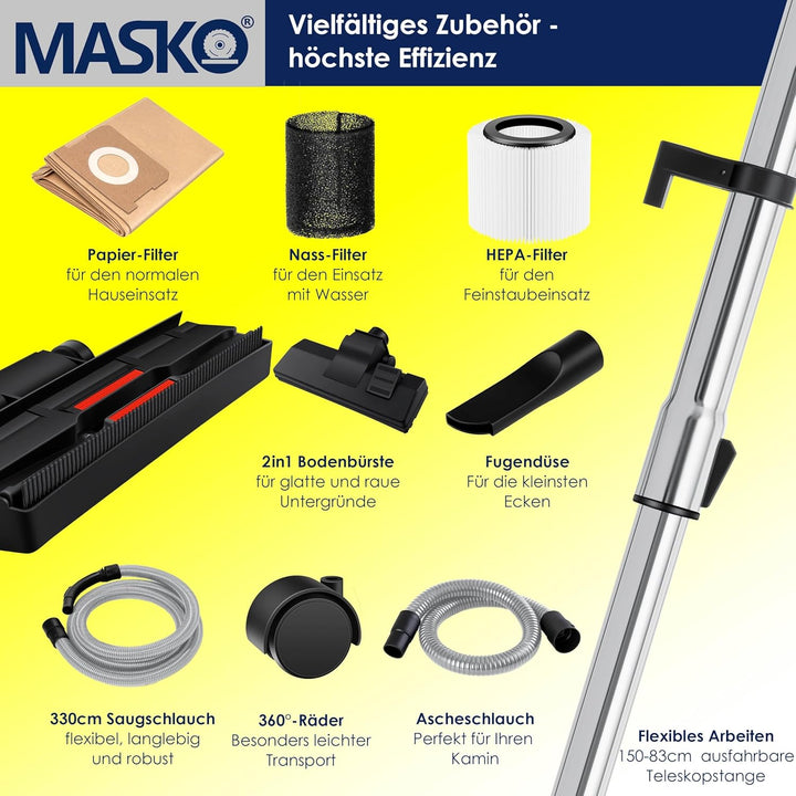 Masko® 6IN1 Industriestaubsauger Staubsauger Nass Trocken Sauger Aschesauger 2300W + Steckdose✓ Blas