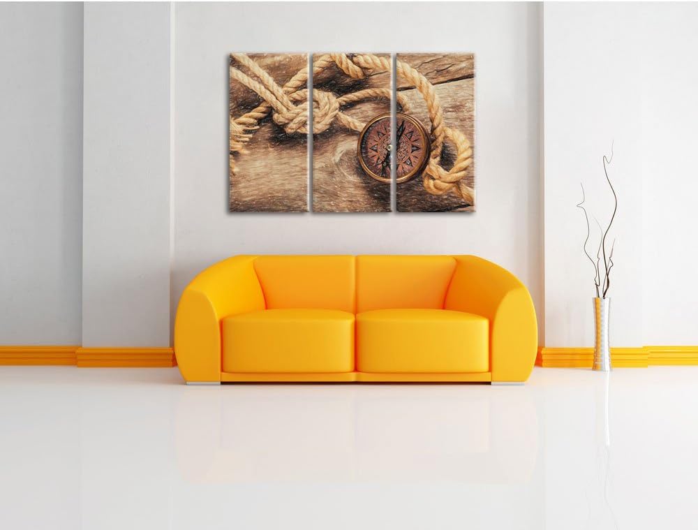 Pixxprint Schiffseil und Kompass / 3-Teilig/Gesamtmass 120cm Leinwandbild bespannt auf Holzrahmen/Wa