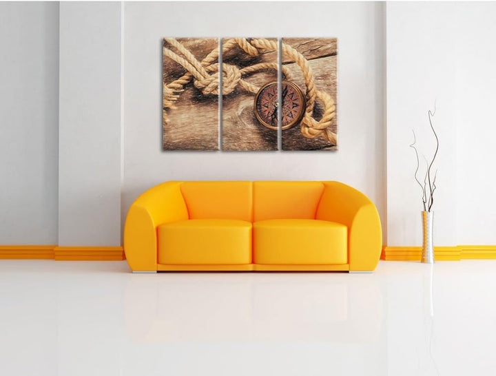 Pixxprint Schiffseil und Kompass / 3-Teilig/Gesamtmass 120cm Leinwandbild bespannt auf Holzrahmen/Wa