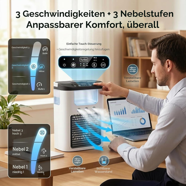 Tragbarer Luftkühler Ventilator, Mini Klimaanlage mit 3 Geschwindigkeiten & 3 Sprühmodi, 600ml Wasse