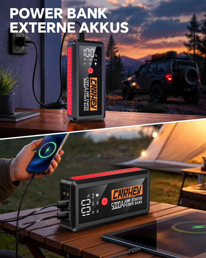 CARHEV Starthilfe Powerbank, 5000A Booster Auto Starthilfe, 12V Starter Powerbank(Bis zu 8.0L Benzin