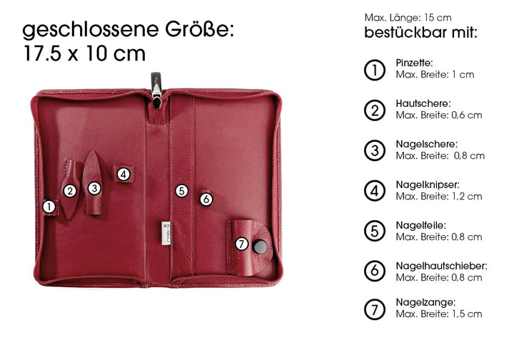 REMOS Nageletui leer aus echtem Leder zum Bestücken mit 7 Instrumenten - rot, Rot