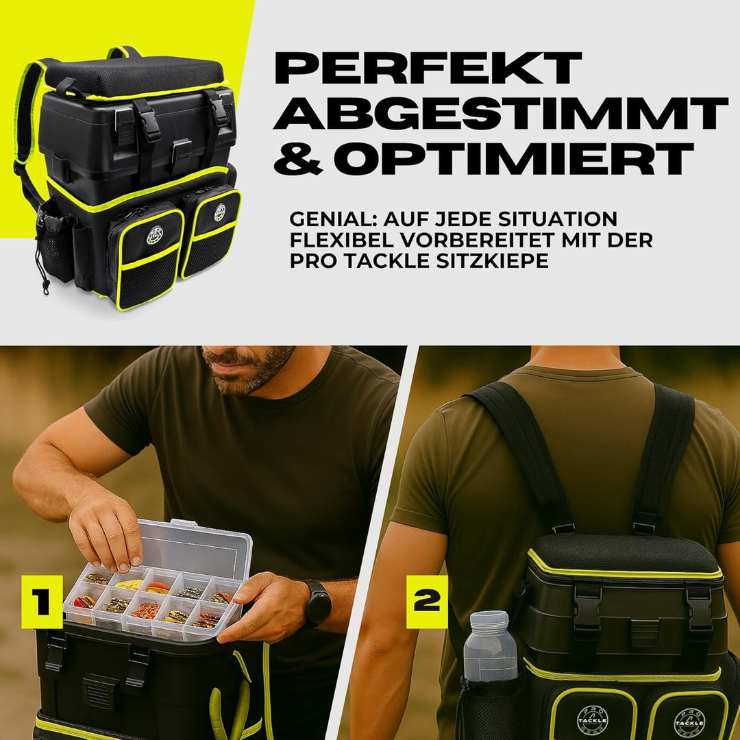 Pro Tackle Allround Sitzkiepe mit Rucksacksystem, Lime | Stabil und leicht, Gepolsterte Sitzfläche,