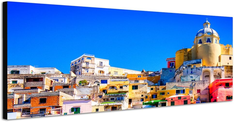 Paul Sinus Art Panoramabild auf Leinwand und Keilrahmen 150x50cm Italien Neapel Häuser Wasser Boote