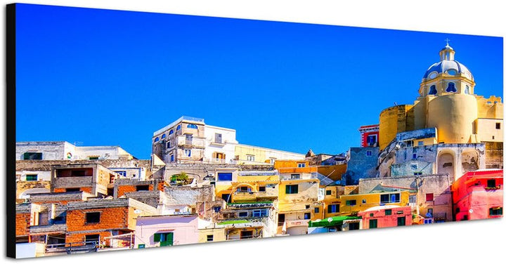Paul Sinus Art Panoramabild auf Leinwand und Keilrahmen 150x50cm Italien Neapel Häuser Wasser Boote