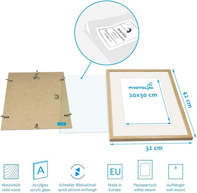 PHOTOLINI 6er Set Holzrahmen Eiche aus Massivholz Schmal 21x30 cm/DIN A4 und 30x40 cm mit Passeparto