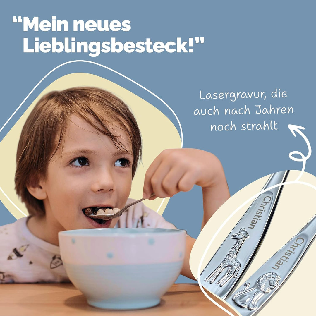 WMF Kinderbesteck mit Gravur 4-teilig - Tiere Motiv - Personalisiertes Kinderbesteck Edelstahl, Kind