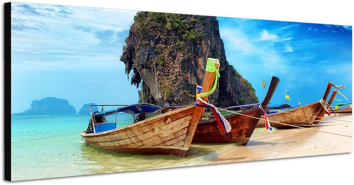 Paul Sinus Art Panoramabild auf Leinwand und Keilrahmen 150x50cm Thailand Strand Meer Felsen Boote H