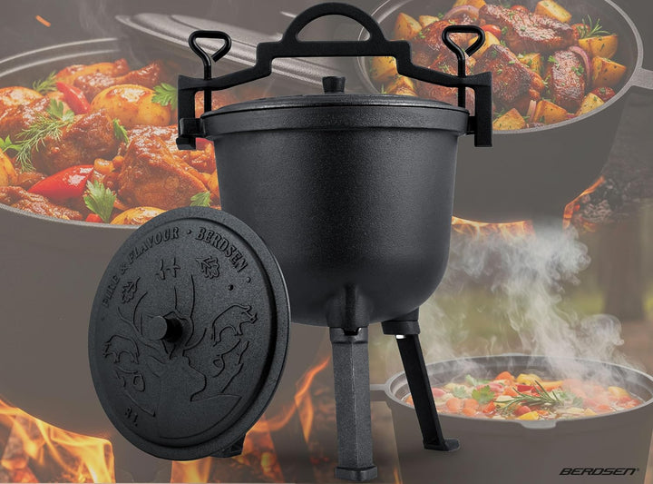 Berdsen Gusseisen Topf 8 L Dutch Oven - Feuertopf für Lagerfeuer und Grill - Gleichmässiges Garen -