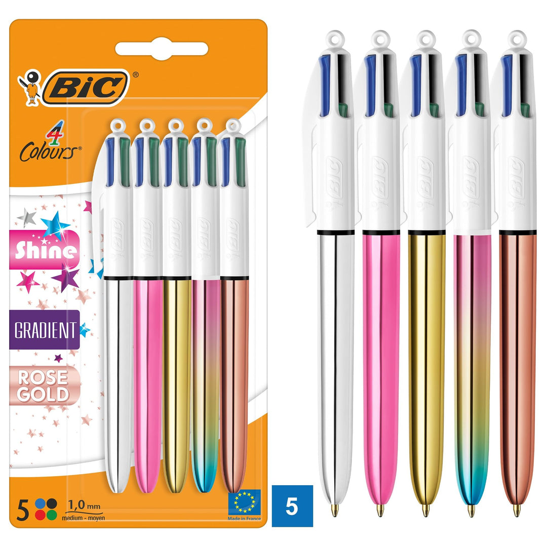 BIC 4 Farben Kugelschreiber Set 4 Colours Shine, in verschiedenen Farben, 5er Pack, Ideal für das Bü