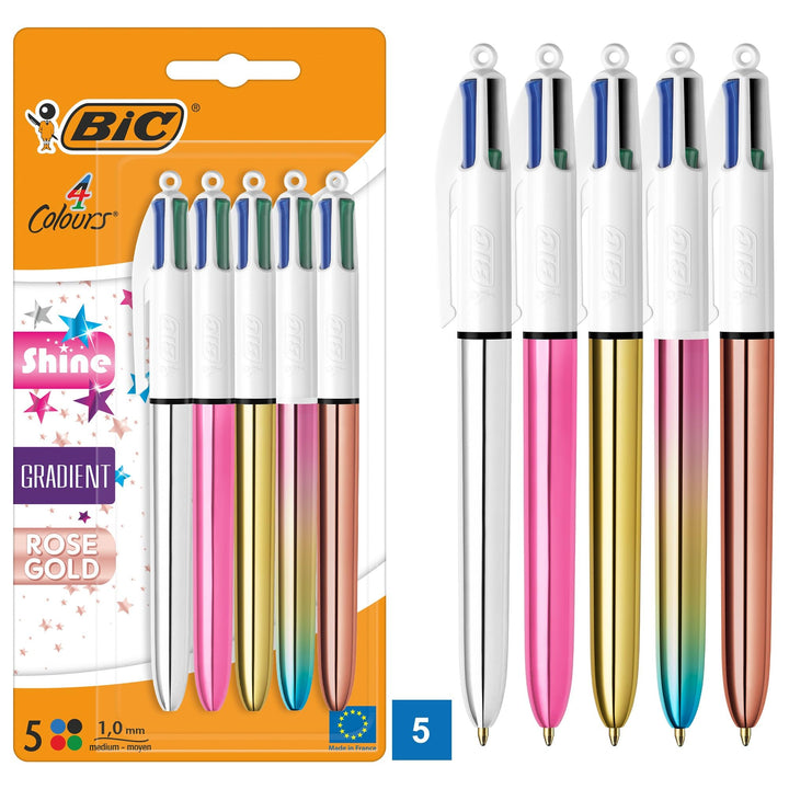 BIC 4 Farben Kugelschreiber Set 4 Colours Shine, in verschiedenen Farben, 5er Pack, Ideal für das Bü