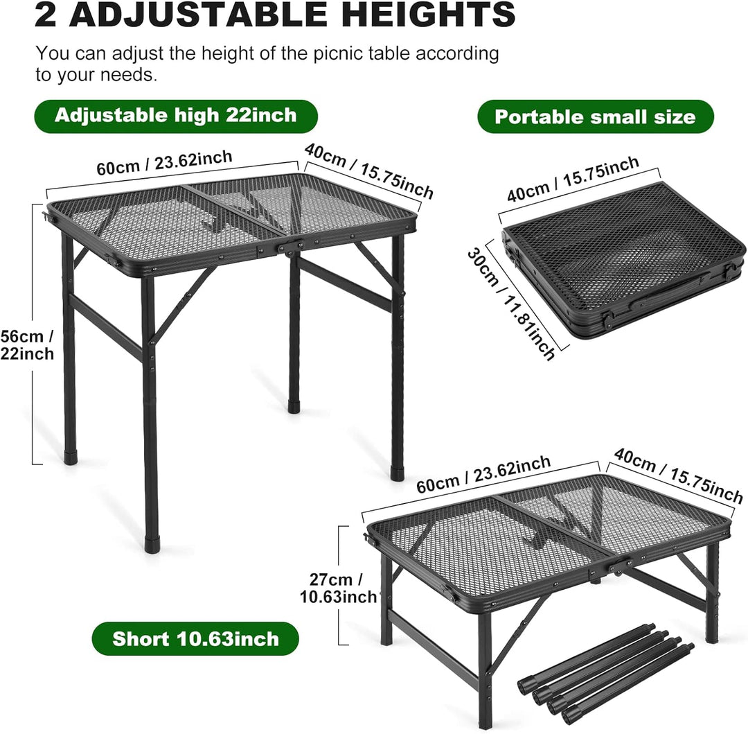 Odoland 2FT Faltbarer Campingtisch, höhenverstellbarer Grilltisch mit Mesh Desktop, Outdoor-Picknick