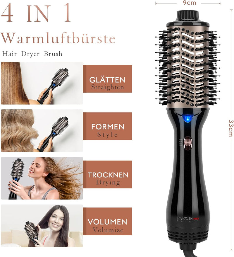 One-Step Warmluftbürste, PARWIN PRO BEAUTY Haartrockner und Volumenbürste, 4 in 1 Ovale Föhnbürste,