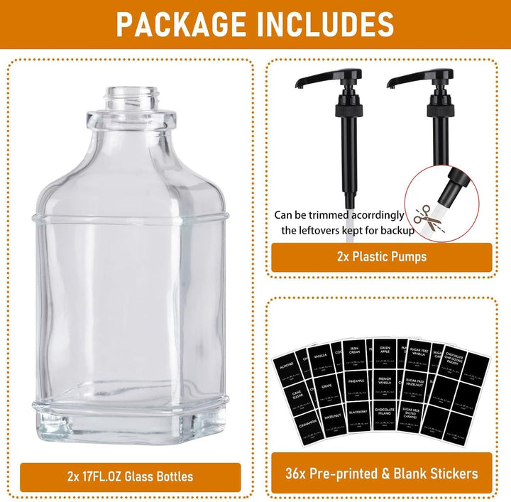 AXIM Kaffeesirupspender, Kaffeeset, 2 Sirupflaschen mit Pumpe und Etiketten, 500 ml Glas-Sirupflasch