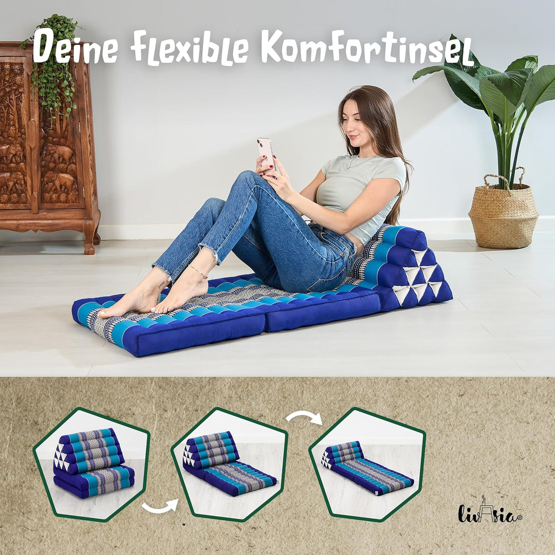 livasia Thaikissen mit 2 Auflagen - 120x50x8cm - Dreieckskissen mit Sitzkissen, Keilkissen mit Kapok