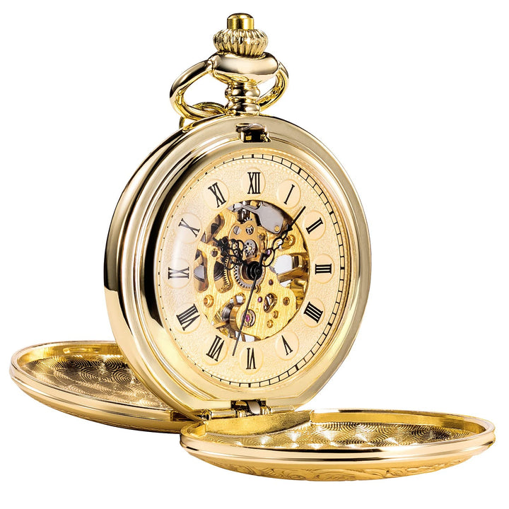 TREEWETO Unisex Taschenuhr mit Kette Analog Handaufzug Doppelscharnier Römische Ziffern Gold/Silber