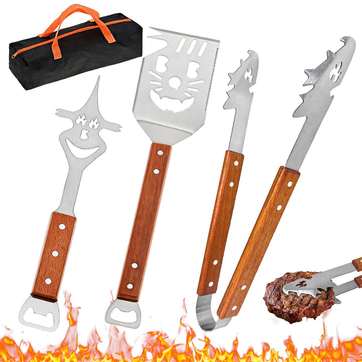 Grillbesteck Set 3-TLG, 8 in 1 BBQ Grillspachtel mit Holzgriff, EdelstahI, 42 * 9.5cm Einzigartige G
