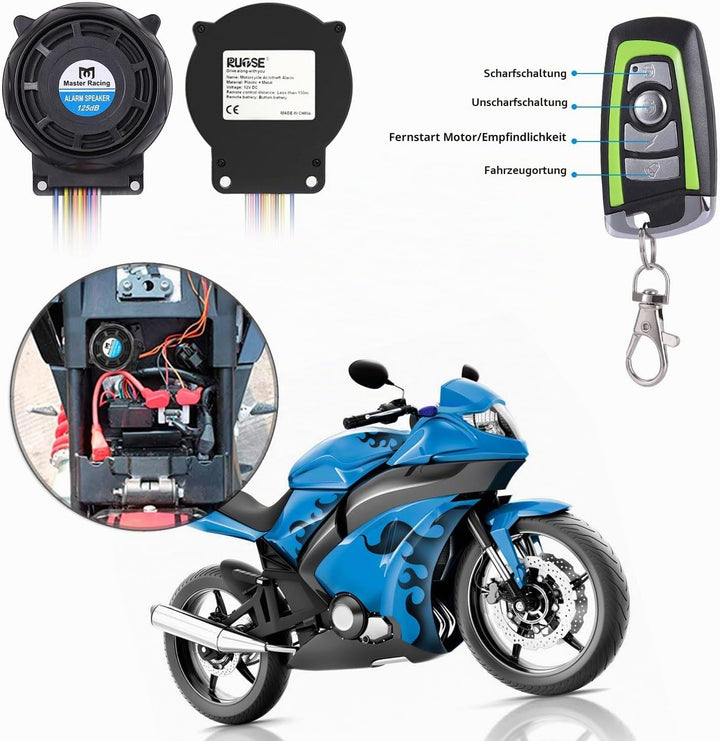 Rupse Motorrad Alarm 125dB, Motorrad Alarmanlage mit Start und Stoppfunktion, 2 Fernbedienung, draht