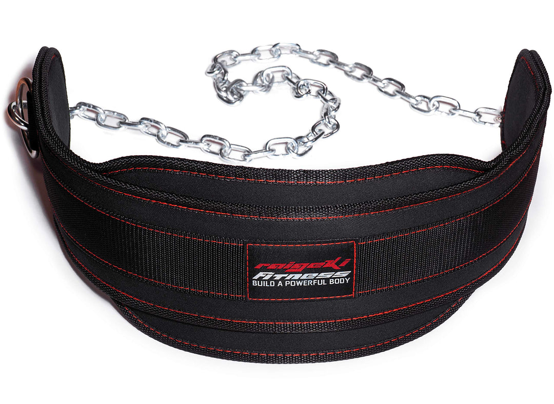 Raigeki Fitness Dip Gürtel mit Kette, 106cm Stahlkette, (+ Trainingspläne) - Gewichte Gürtel für Kra