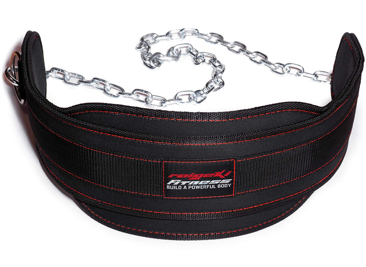 Raigeki Fitness Dip Gürtel mit Kette, 106cm Stahlkette, (+ Trainingspläne) - Gewichte Gürtel für Kra