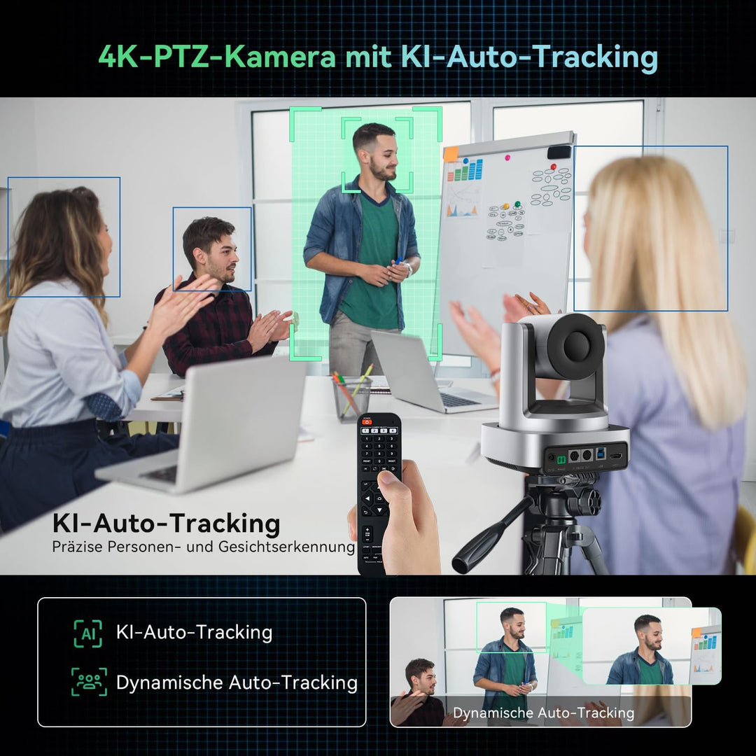 4K-Konferenzraum-Kamerasystem, KI-Autotracking 4K-PTZ-Kamera mit 3-fachem optischem Zoom, 92°-Weitwi