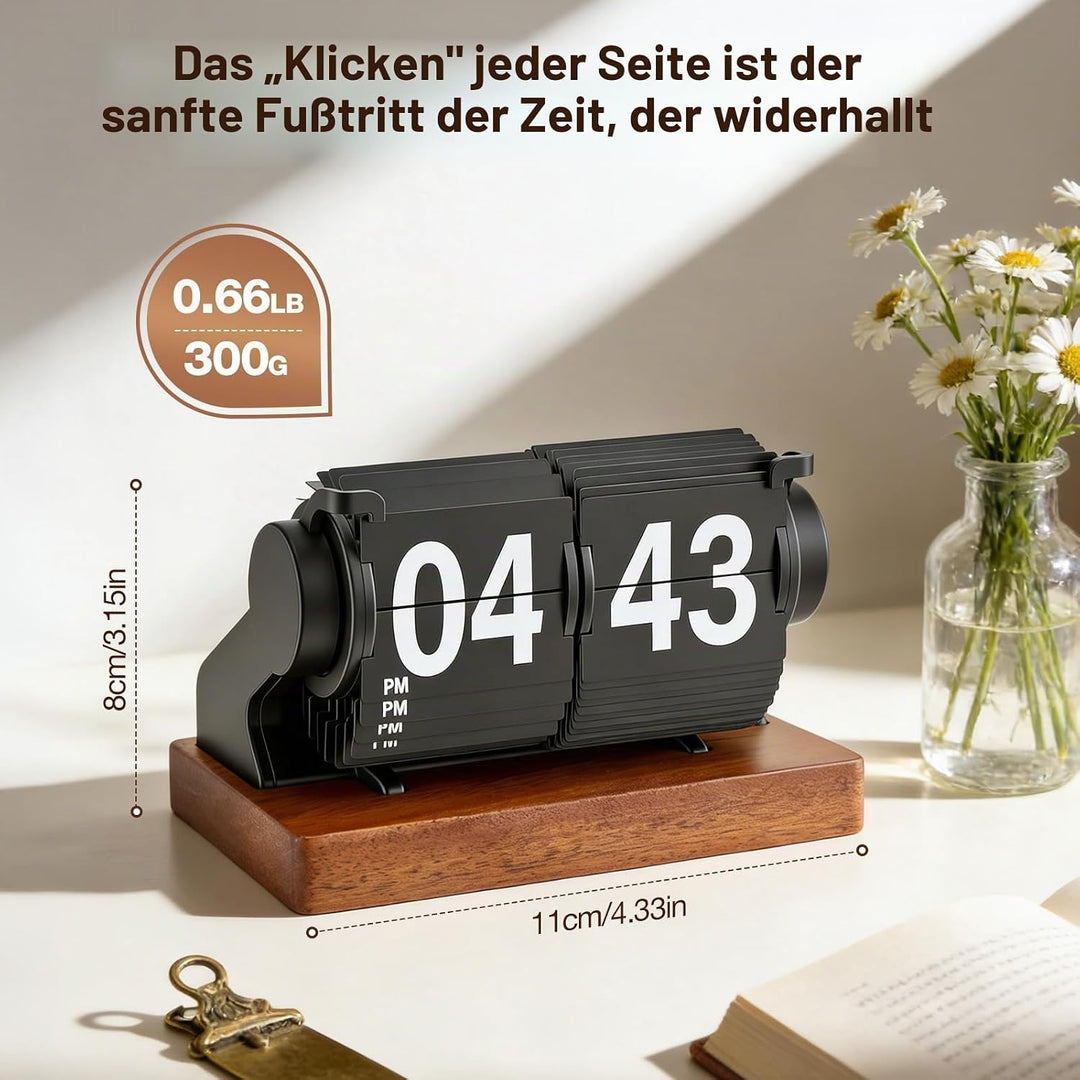 Retro-Flip-Uhr, Vintage Digitale Klappuhr, Retro Uhr mit Holzsockel, automatisches Drehen, batterieb
