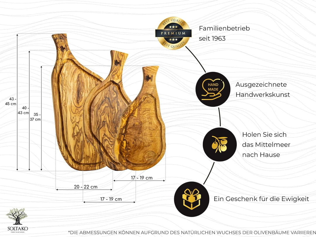 SOLTAKO Olivenholz Steakbrett mit Saftrille 3er Set (35/40/45cm) Schneidebretter aus Oliven Holz mit