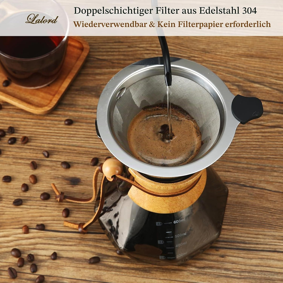 Lalord Pour Over Kaffeebereiter mit Edelstahlfilter, 600 ml Borosilikatglas Kaffeekaraffe, Holzkrage