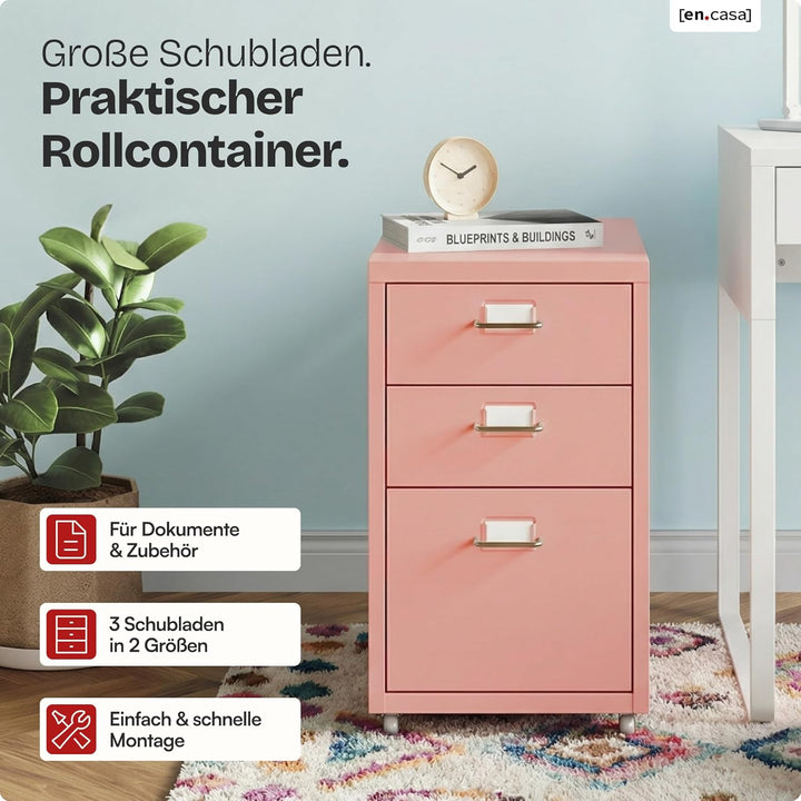 [en.casa] Rollcontainer Kökar Schubladenschrank Metall Aktenschrank mit 3 Schubladen Bürowagen mit R