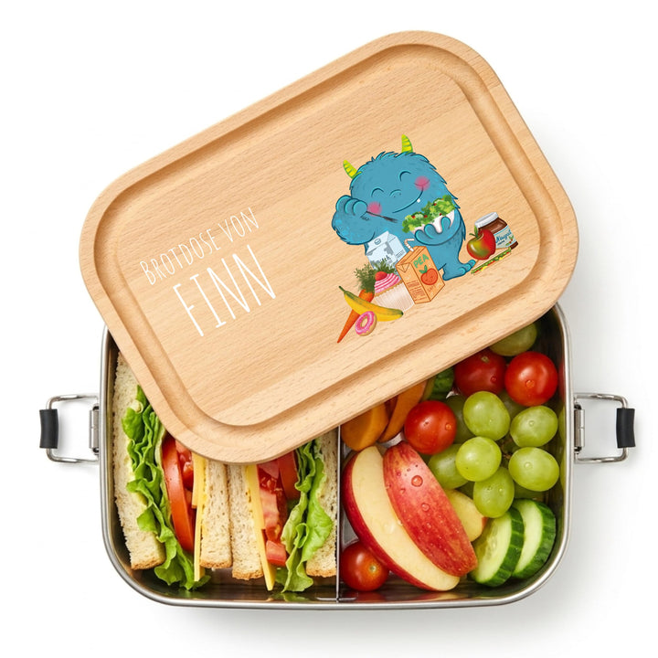 LOOXIS Personalisierte Lunchbox für Kinder – Personalisierbare Brotdose Namen und Motiv, Buchenholzd