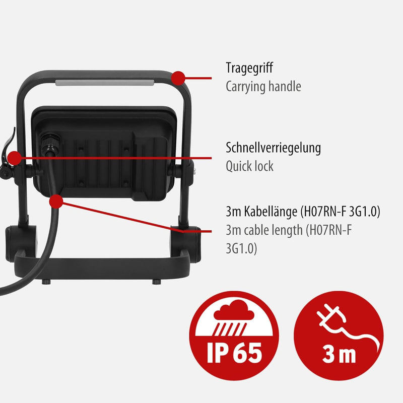 Brennenstuhl LED Bautstrahler JARO 4060 M (30W, 3450lm, 6500K, 3m Kabel, LED Arbeitsstrahler mit Sch