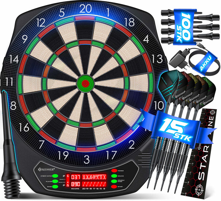 KESSER® Elektronische Dartscheibe Profi Set - E Dartboard mit 15 Dartpfeile + 35 Pro Flights 100 Pfe