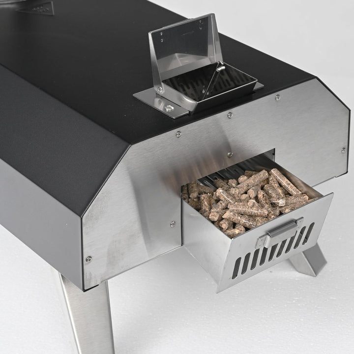 Relaxdays Pizzaofen, für Pellets, Tischpizzaofen, 400°C in 90s, schwarz | HBT 72x36x68 cm, mit Pizza
