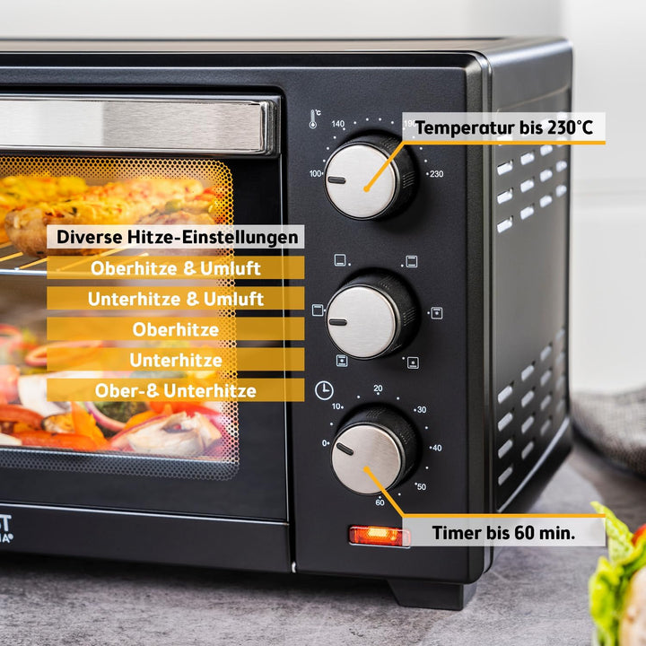 TZS First Austria - 19 Liter Minibackofen mit 1380 Watt schwarz| Unter-Oberhitze bis 230 Grad stufen