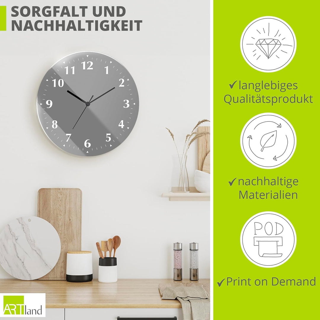 ARTLAND Wanddeko Wanduhr ohne Tickgeräusche aus Glas Quarzuhr Ø 30 cm Rund Lautlos Trendfarbe Grau S
