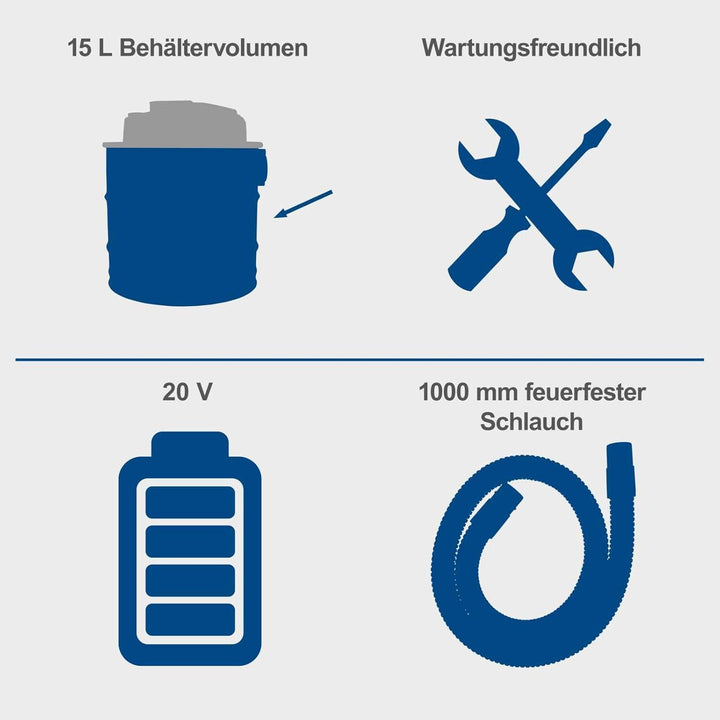 Scheppach Akku Aschesauger C-AVC15-X | 10kPa Saugleistung | 15L Behältervolumen | 1m Schlauchlänge |