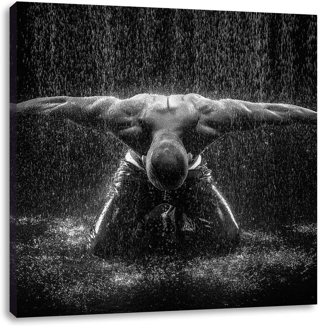 Bodybuilder im Regen, Format: 70x70 auf Leinwand, XXL riesige Bilder fertig gerahmt mit Keilrahmen,