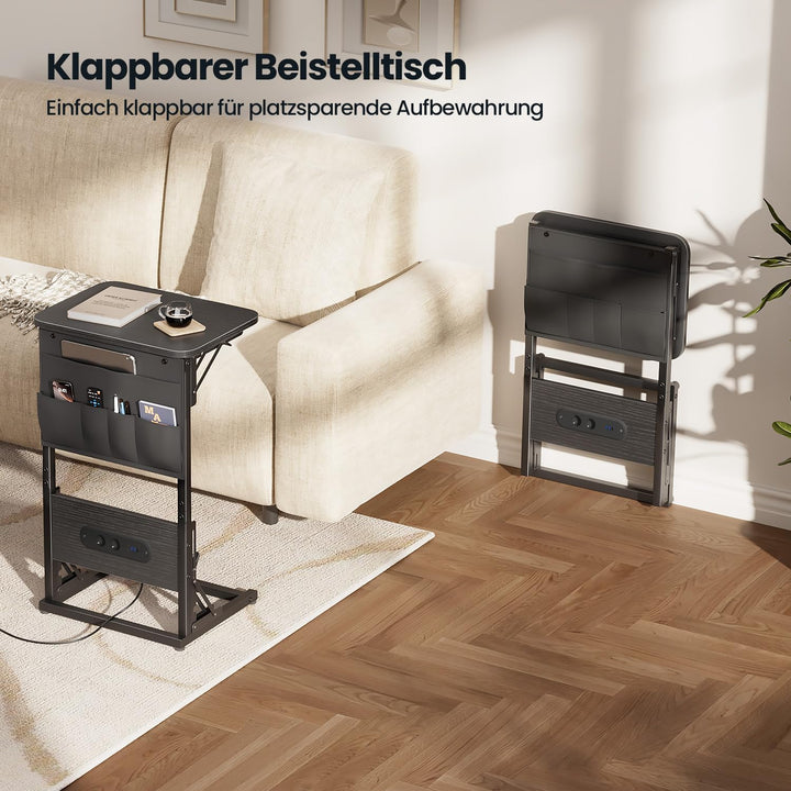 Beistelltisch C Form, Klappbarer Sofatisch mit Steckdosen, Höhenverstellbar Couchtisch mit Metallrah